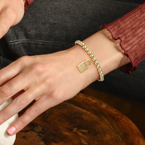 Ross-Simons Italian 6mm 18kt Gold Over Sterling Bead Stretch Bracelet for Women with Made in Italy Lock Charm