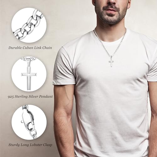 Besteel Sterling Silver Cross Necklace for Men Women 5mm Big Beveled Edge Stainless Steel Diamond Cut Curb Cuban Link Ch