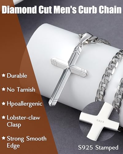 Besteel 925 Sterling Silver Cross Necklace for Men and Women, Durable Stainless Steel Diamond Cut Cuban Link Curb Chain,