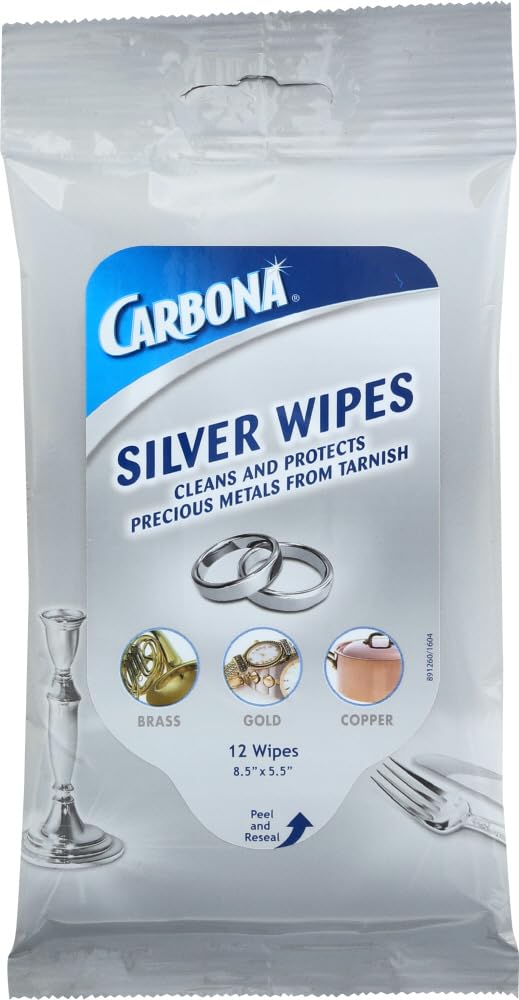 Carbona Silver Wipes for Metal Cleaner & Polish - Perfect for Household Use | 12 Wipes, 1 Pack | Easy Metal Cleaning and