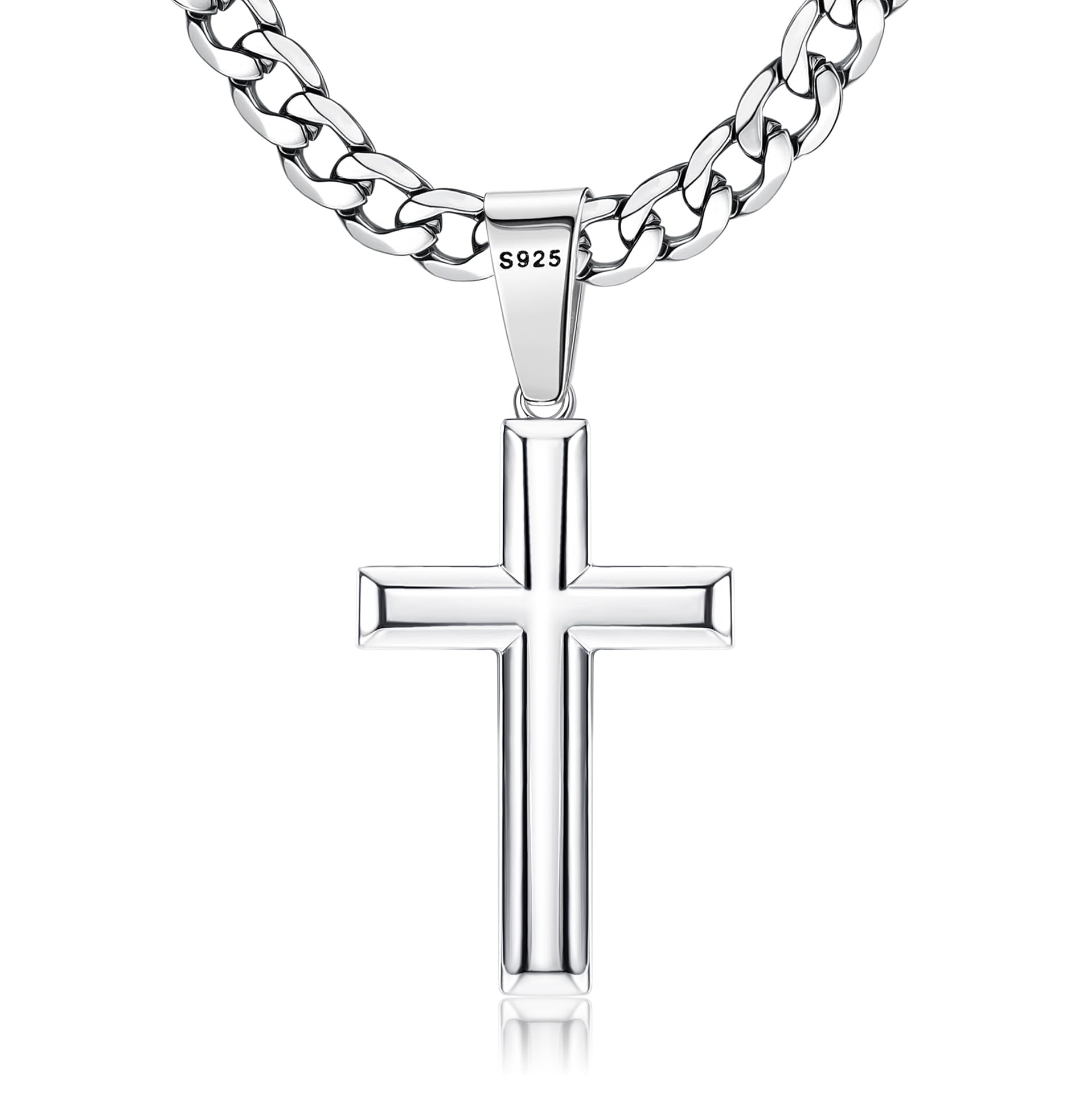 Besteel Sterling Silver Cross Necklace for Men Women 5mm Big Beveled Edge Stainless Steel Diamond Cut Curb Cuban Link Ch