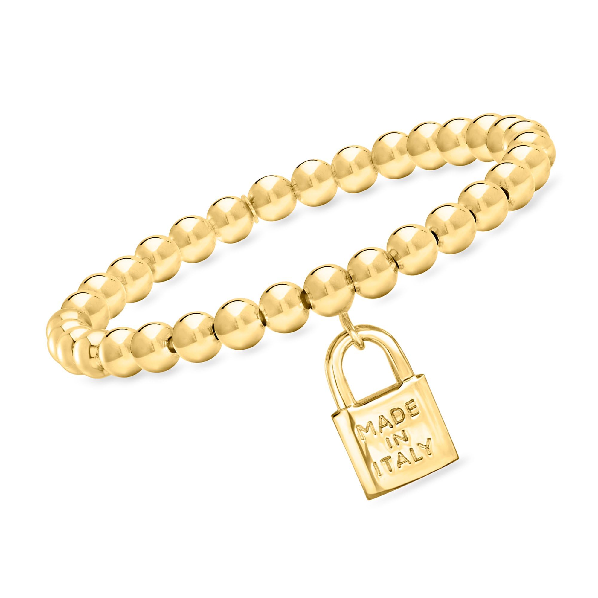Ross-Simons Italian 6mm 18kt Gold Over Sterling Bead Stretch Bracelet for Women with Made in Italy Lock Charm