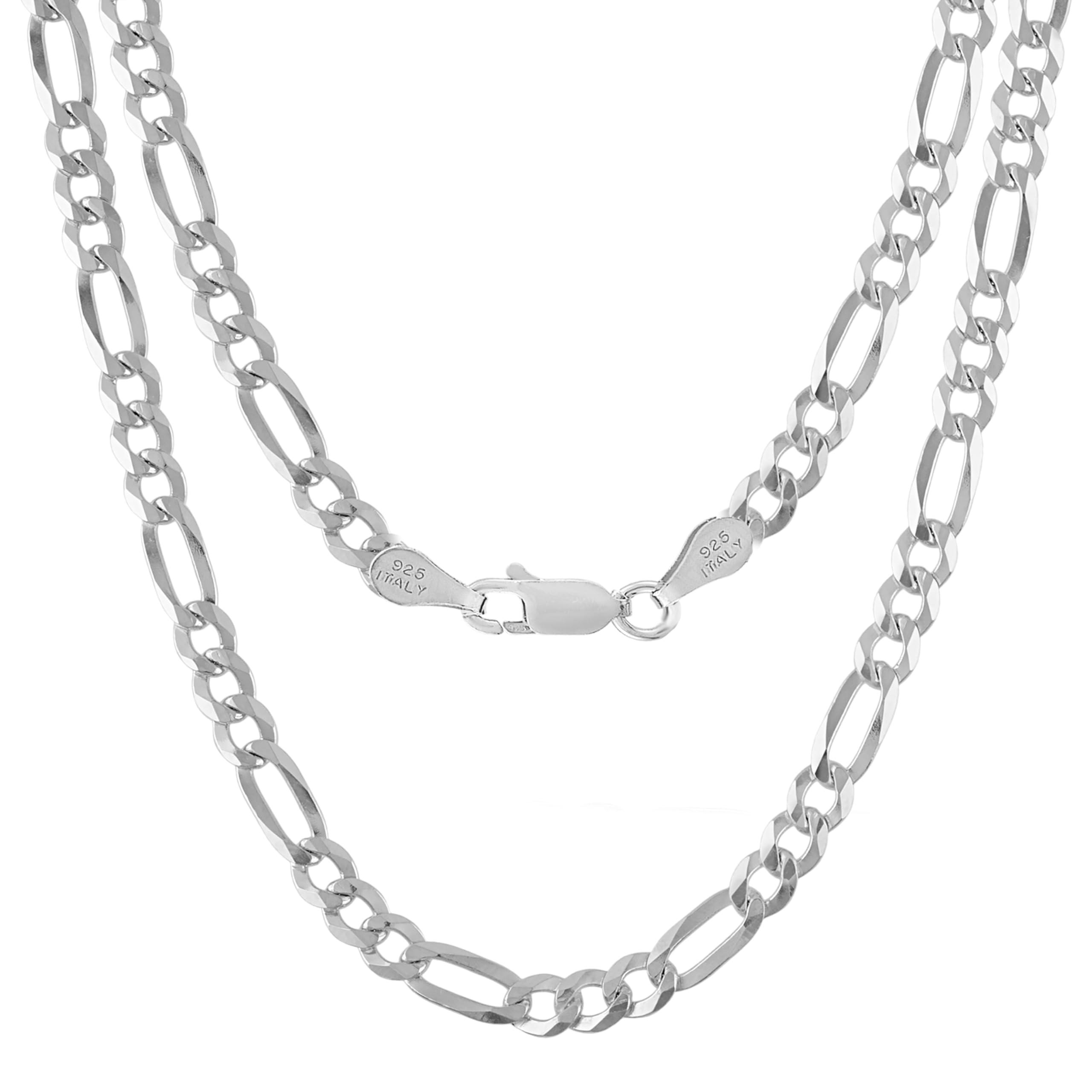KISPER Mens 925 Sterling Silver Figaro Chain Necklace - 5mm Diamond Cut, Italian Made, Lobster Clasp